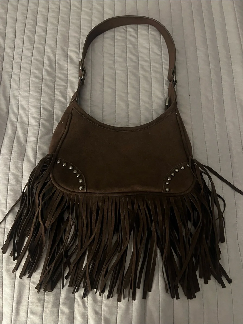 Brown Suede Fringe Shoulder Bag with Stud Detail